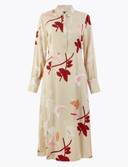 Çiçek Desenli Midi Gömlek Elbise