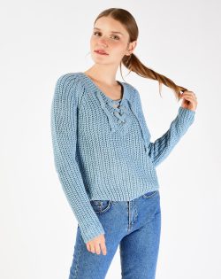 İndigo V Yaka Bağcıklı Örgü Kazak K2980 – C3