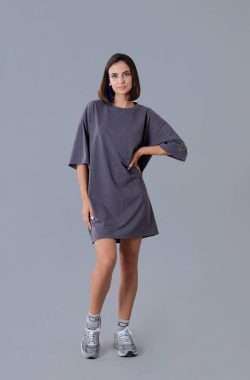 Oversize Koyu Gri Melanj T-Shirt Elbise
