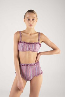 Pembe Çizgi Desenli Fırfırlı Yüksek Bel Bikini