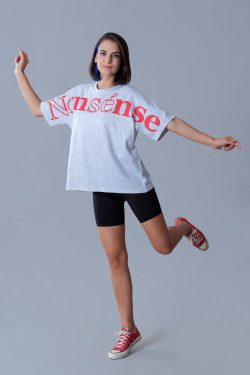 Oversize Gri Melanj “Nonsénse” Baskılı T-Shirt
