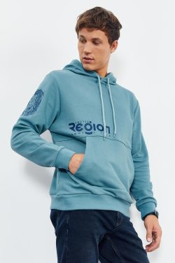 Mint Yeşili Yazı ve Desen Baskılı Kapüşonlu Rahat Form Erkek Sweatshirt – 88011