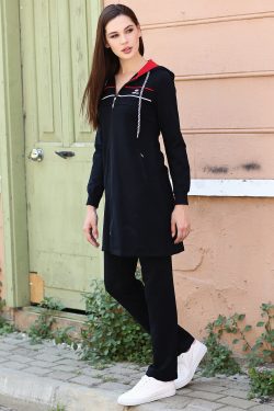 Lacivert Kapüşonlu Fermuar Cepli Rahat Form Klasik Paça Kadın Eşofman Tunik Takım – 95131