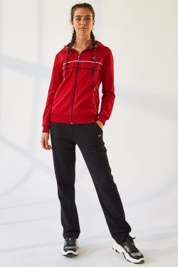 Kırmızı – Lacivert Kapüşonlu Fermuarlı Standart Kalıp Klasik Paça Kadın Eşofman Takımı  ...