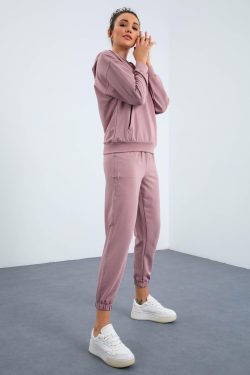 Gül Kurusu Kapüşonlu Kanguru Cep Oversize Lastik Paça Kadın Eşofman Takımı – 95288