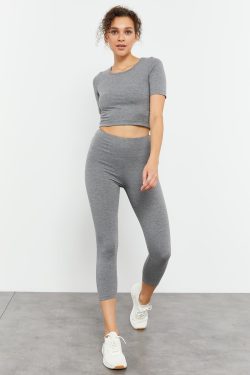 Gri Melanj Yüksek Bel Kapri-Crop T-Shirt Slim Fit Kadın Tayt Takım – 95285