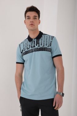 Buz Mavi Eskitme Yazı Baskılı Standart Kalıp Polo Yaka Erkek T-Shirt – 87929