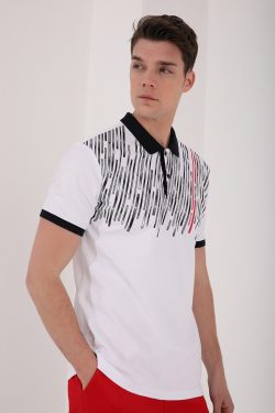 Beyaz Kesik Çubuk Baskılı Standart Kalıp Polo Yaka Erkek T-Shirt – 87963