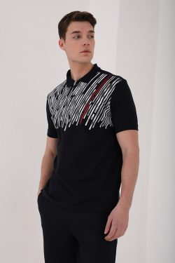 Lacivert Kesik Çubuk Baskılı Standart Kalıp Polo Yaka Erkek T-Shirt – 87963