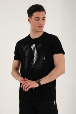 Siyah Karışık Harf Rakam Baskılı Rahat Form O Yaka Erkek T-Shirt – 87960