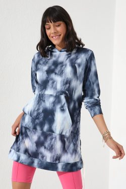 İndigo Karışık Desenli Büzgü Detaylı Rahat Form Kapüşonlu Kadın Sweatshirt – 97131