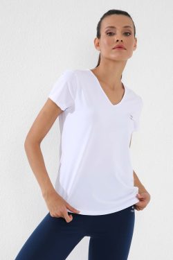 Beyaz Basic Kısa Kol Standart Kalıp V Yaka Kadın T-Shirt – 97145