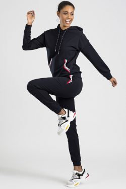 Lacivert Kapüşonlu Cepli Standart Kalıp Manşetli Kadın Eşofman Takımı – 03487