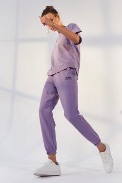 Eflatun Yazı Baskılı Cepli Bağcıklı Lastik Paça Kadın Oversize Eşofman Takım – 95293