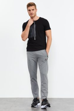 Gri Melanj Fermuarlı Üç Cepli Dar Kalıp Klasik Paça Erkek Eşofman Alt – 84671