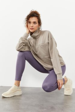Koyu Bej Göğüs Cepli Yarım Fermuar Kadın Oversize Sweatshirt – 97154