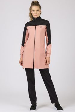 Pudra – Siyah Dik Yaka Fermuarlı Dalgıç Kumaş Klasik Paça Kadın Eşofman Tunik Takım – ...