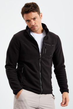 Siyah Fermuarlı Üç Cepli Standart Kalıp Dik Yaka Erkek Sweatshirt Polar – 87995