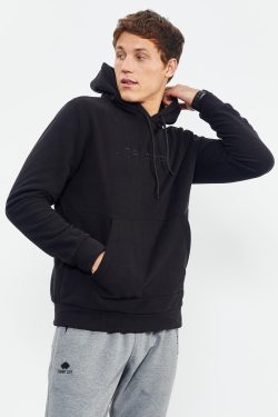 Siyah Yazı Nakışlı Kapüşonlu Rahat Form Erkek Polar Sweatshirt – 88000