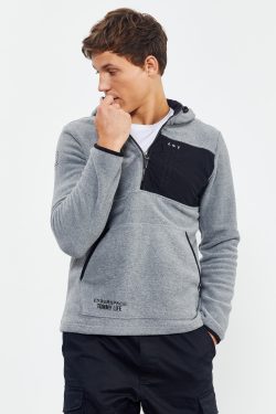 Gri Melanj Nakışlı Yarım Fermuar Kapüşonlu Standart Kalıp Erkek Polar Sweatshirt – 87996