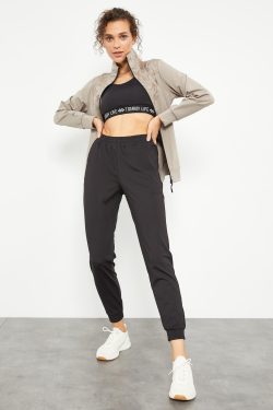 Koyu Bej – Siyah Dalgıç Kumaş Standart Kalıp Jogger Kadın Eşofman Takımı – 95273
