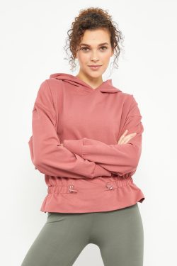 Yaban Gülü Beli Büzgülü Kapüşonlu Kadın Oversize Sweatshirt – 97159