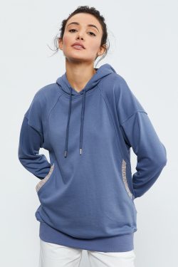 Petrol Büzgü Cepli Kapüşonlu Kadın Oversize Sweatshirt – 97179
