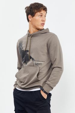 Camel Kuzgun Baskılı Kapüşonlu Kanguru Cepli Rahat Form Erkek Sweatshirt – 88014
