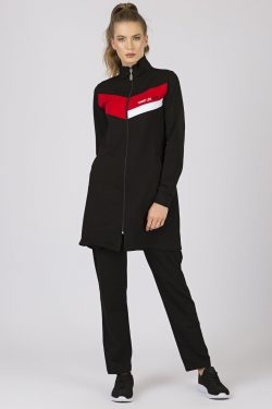 Siyah Dik Yaka Fermuar Cepli Standart Kalıp Klasik Paça Kadın Eşofman Tunik Takım – 95206