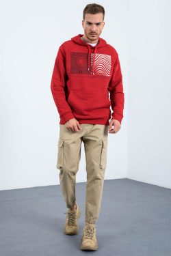 Kırmızı Desen Baskılı Kapüşonlu Rahat Form Erkek Sweatshirt – 88030