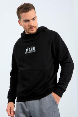 Siyah Mars Yazı Ve Sırt Baskılı Kapüşonlu Rahat Form Erkek Sweatshirt – 88032