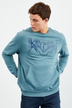 Mint Yeşili Erkek Yazı Baskılı O Yaka Rahat Form Sweatshirt – 88037