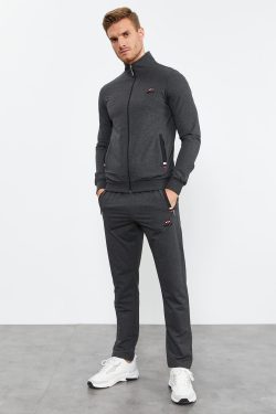 Antrasit Melanj Dik Yaka Fermuarlı Rahat Form Klasik Paça Erkek Eşofman Takımı – 85072