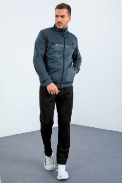 Orman Yeşil – Siyah Dik Yaka Fermuarlı Standart Kalıp Erkek Eşofman Takımı – 85163