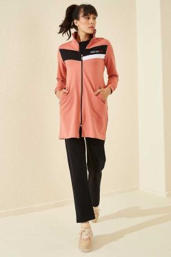 Pudra – Siyah Dik Yaka Fermuar Cepli Standart Kalıp Klasik Paça Kadın Eşofman Tunik Takım  ...