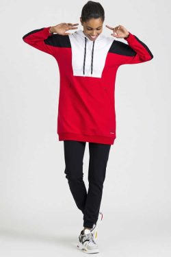 Kırmızı – Lacivert Kapüşonlu Üç Renk Rahat Form Jogger Kadın Eşofman Tunik Takım – 03481