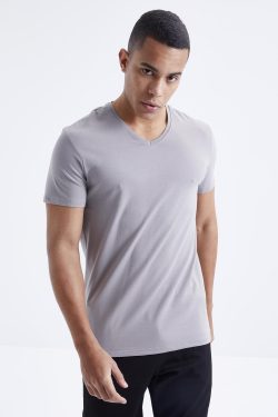 Gri Basic Kısa Kol Standart Kalıp V Yaka Erkek T-Shirt – 87912