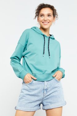 Mint Yeşili Uzun Kol Rahat Form Kapüşonlu Kadın Sweatshirt – 97115