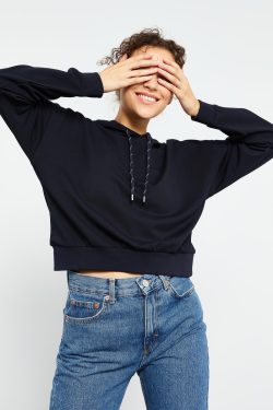Lacivert Uzun Kol Rahat Form Kapüşonlu Kadın Sweatshirt – 97115