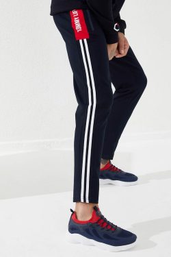 Lacivert – Kırmızı Baskılı Çift Şeritli Slim Fit Jogger Erkek Eşofman Alt – 84780