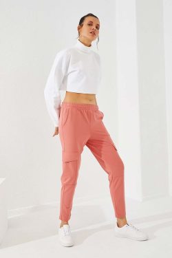 Pudra Yüksek Bel Kargo Cep Rahat Form Dar Paça Kadın Eşofman Alt – 94588