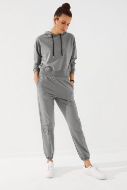 Gri Melanj Yazı Baskılı Rahat Form Lastik Paça Kadın Eşofman Alt – 94575