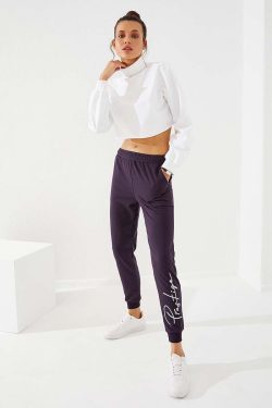 Mor Yazı Nakışlı Jogger Rahat Form Manşetli Kadın Eşofman Alt – 94578