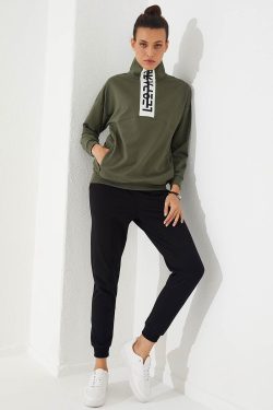 Haki – Siyah Yarım Fermuar Dik Yaka Rahat Form Manşetli Kadın Eşofman Takım – 95263