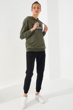 Haki – Siyah Kapüşonlu Fermuar Cepli Dar Kalıp Manşetli Kadın Eşofman Takımı – 95264