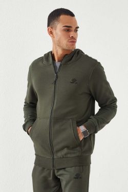 Haki Fermuarlı Standart Kalıp Kapüşonlu Erkek Sweatshirt – 87877