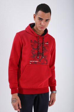 Kırmızı Kamuflaj Desen Baskılı Standart Kalıp Kapüşonlu Erkek Sweatshirt – 87884