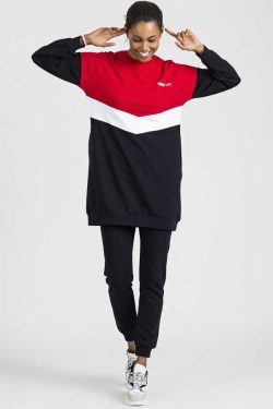 Lacivert – Kırmızı Cepli Üç Renk Rahat Form Jogger Kadın Eşofman Tunik Takımı – 03454