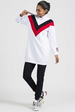 Beyaz Kapüşonlu V Desenli Rahat Form Jogger Kadın Eşofman Tunik Takım – 03463