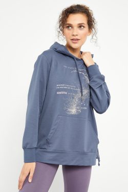 Petrol Karışık Yazı Baskılı Yan Büzgülü Kadın Oversize Sweatshirt – 97170